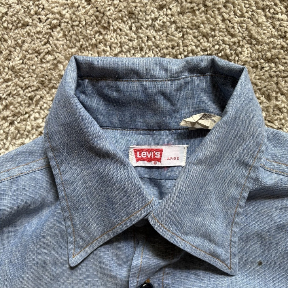 Vintage 70s Levis Orange Tab Chambray Shirt Mens Size Large USA Made Denim - Picture 6 of 10